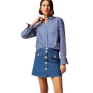 J.Crew Button Front Denim Mini Skirt Blue Gold Crest Buttons Size 4 NWOT